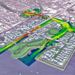 Aerial graphic of the Port Lands and Don River showing modeling results using a color ramp.