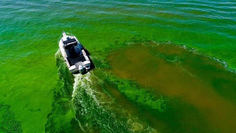 LimnoTech boat driving through a harmful algal bloom in Lake Erie