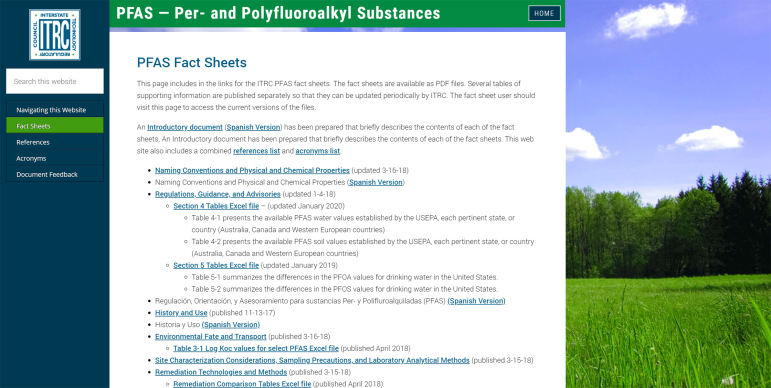 Screenshot of ITRC PFAS Fact Sheet Web Page