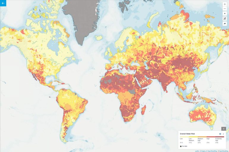 Map of overall water risk measures all water-related risks, by aggregating all selected indicators from the Physical Quantity, Quality and Regulatory & Reputational Risk categories. Higher values indicate higher water risk.