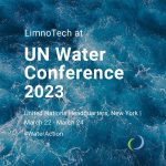 Water in background with text that announces LimnoTech will be at the UN 2023 Water Conference