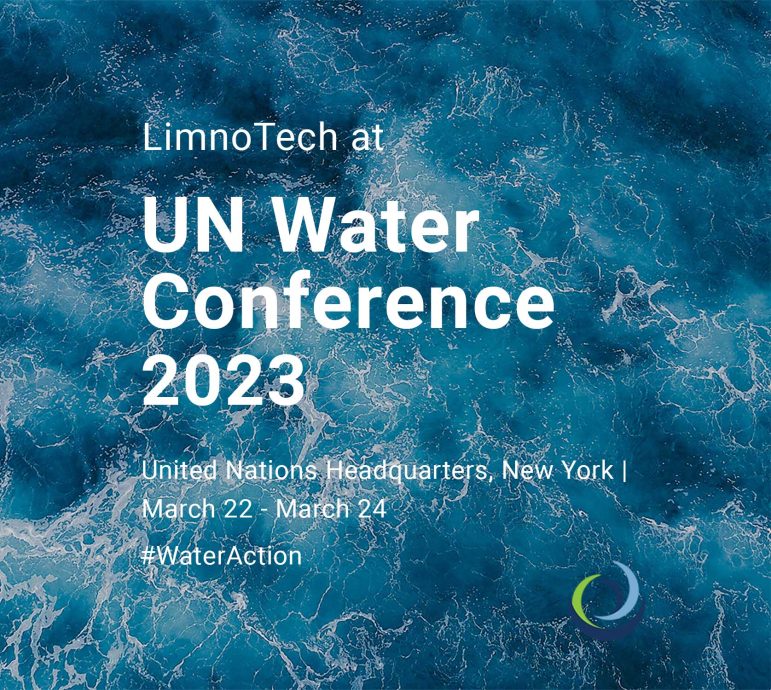 Water in background with text that announces LimnoTech will be at the UN 2023 Water Conference