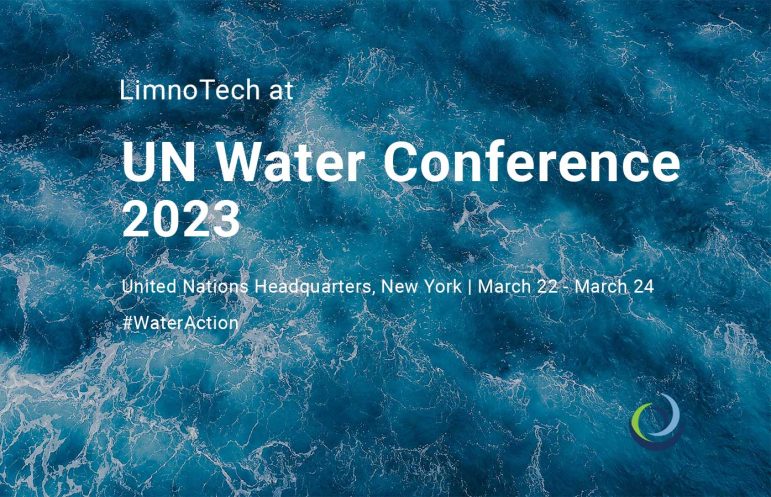 Water in background with text that announces LimnoTech will be at the UN 2023 Water Conference