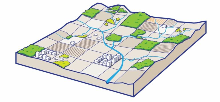 An illustration of a watershed with a river network, fields, and parcels of land that are agriculture, rural, forest, and urban.