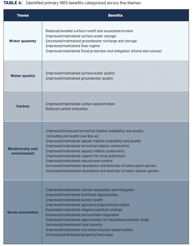 A table that summarizes the primary NBS benefits categorized across five themes: water quantity, water quality, carbon, biodiversity and environment, and socio-economics.