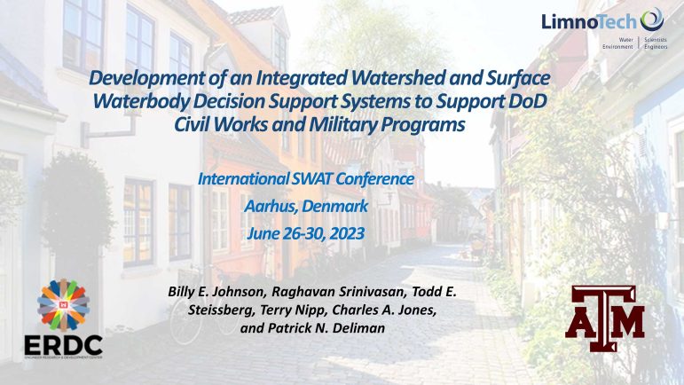 Title slide for a presentation by Billy Johnson titled Integrating Process-Based Models and Data Science Methods for Environmental Analysis and Design for the 2023 International SWAT Conference in Denmark.