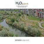 A photo of a parallel road, river, and pathway, and housing development with trees separating them with the words H2Oquirrh, A Vision for Salt Lake County's Southwest Waterways at the top of the photo and Design Workshop at the bottom