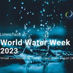 Water droplet splashing in background with text that says LimnoTech at World Water Week 2023, Virtual and in Stockholm, Sweden, August 20 - August 24