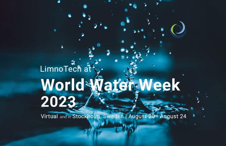 Water droplet splashing in background with text that says LimnoTech at World Water Week 2023, Virtual and in Stockholm, Sweden, August 20 - August 24