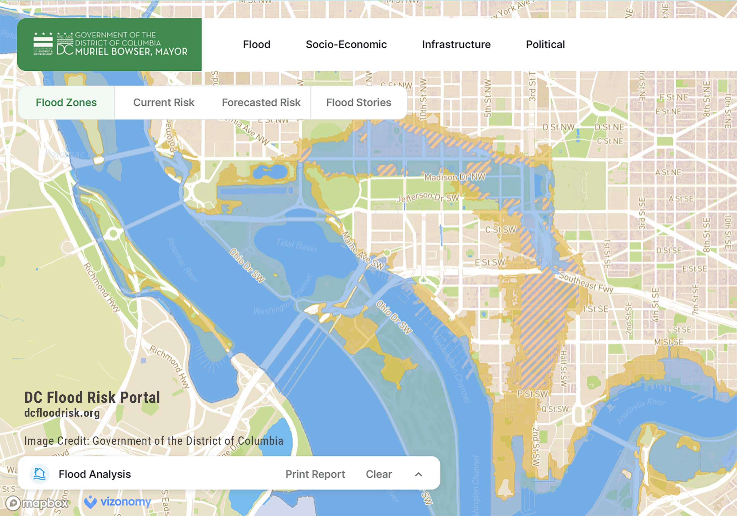 A screenshot of the DC Flood Risk Portal mapping tool showing flood zones in the DC area.