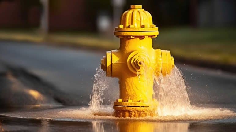 Yellow fire hydrant spraying water in a road.