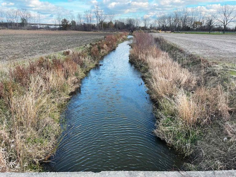 Creek channel flowing between two agricultural fields