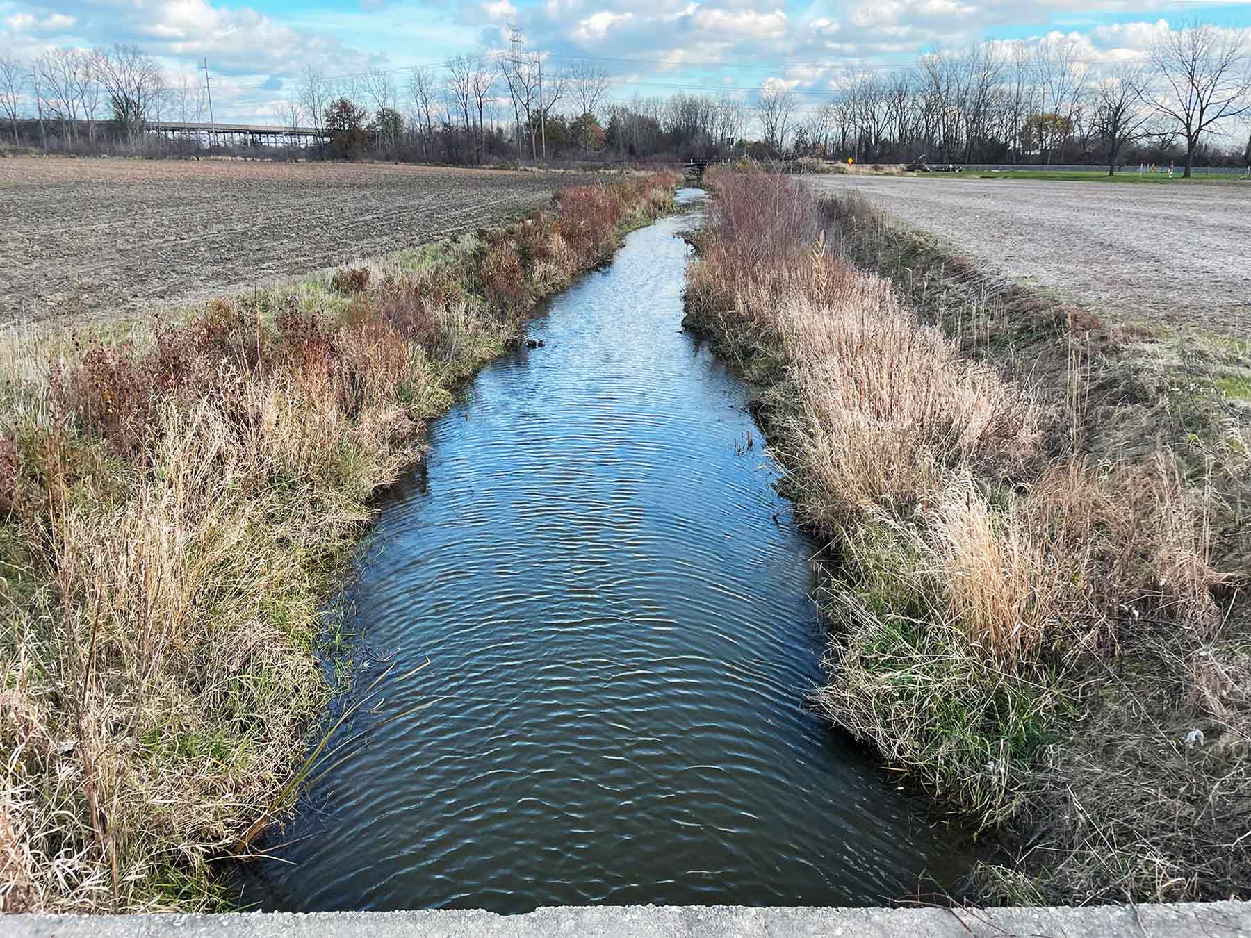 Creek channel flowing between two agricultural fields