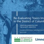 Aerial image of the District of Columbia in the background with a presentation title overlayed on top that says, "Re-Evaluating Toxics Impairments in the District of Columbia, Jonathan Champion, DOEE and Tim Schmitt, LimnoTech. Presented at AWRA National Capital Region Water Resources Symposium, April 12, 2024. Logos for DOEE and LimnoTech are at the bottom.