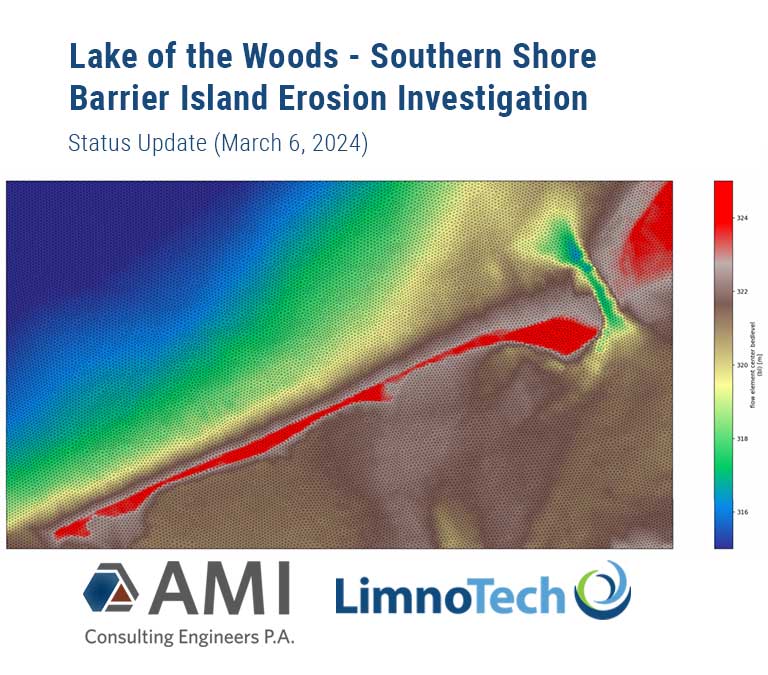 Title at the top of a model grid image that says Lake of the Woods - Southern Shore Barrier Island Erosion Investigation. Status Update (March 6, 2024). At the bottom of the model grid that has color shading from blue to red for flow element, are logos from AMI Consulting Engineers P.A. and LimnoTech.