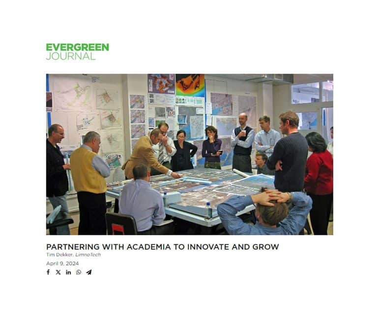 Text around an image that says Evergreen Journal, Partnering with Academia to Innovate and Grow, Tim Dekker, LimnoTech, April 9, 2024. The image shows people gathered around a table looking at maps.