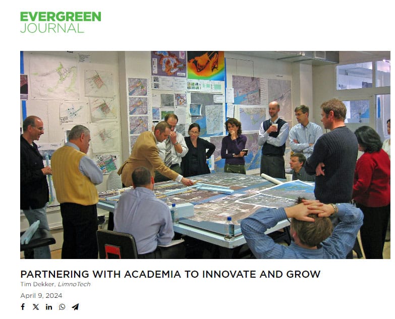 Text around an image that says Evergreen Journal, Partnering with Academia to Innovate and Grow, Tim Dekker, LimnoTech, April 9, 2024. The image shows people gathered around a table looking at maps.