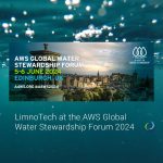 A water image in the background, with an image of Edinburgh in the foreground with the text AWS Global Water Stewardship, 5-6 June 2024, Edinburgh, UK, A4WS.ORG, #A4WS2024, LimnoTech at the AWS Global Water Stewardship Forum 2024.