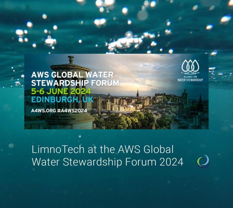 A water image in the background, with an image of Edinburgh in the foreground with the text AWS Global Water Stewardship, 5-6 June 2024, Edinburgh, UK, A4WS.ORG, #A4WS2024, LimnoTech at the AWS Global Water Stewardship Forum 2024.
