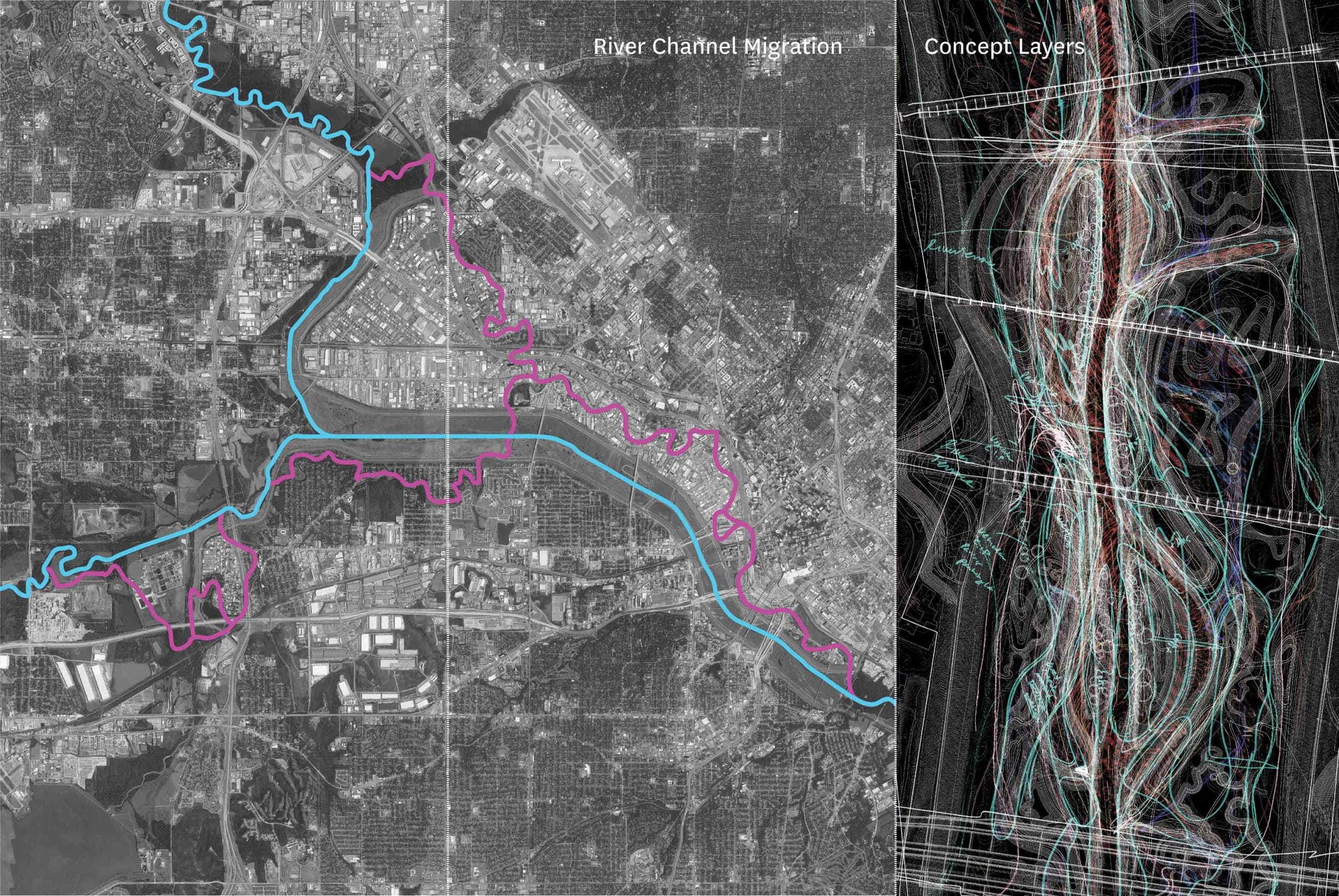 A satellite image of a river on the left and a diagram of concepts for the shape of river on the right.