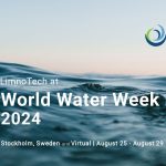 Close up of water wave with the horizon in the background. Text overlay says LimnoTech at World Water Week 2024, Stockholm, Sweden and Virtual, August 25 - August 29