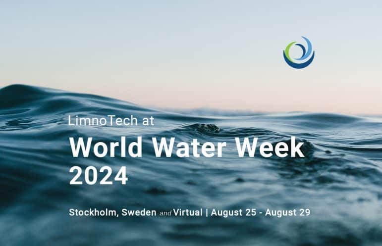 Close up of water wave with the horizon in the background. Text overlay says LimnoTech at World Water Week 2024, Stockholm, Sweden and Virtual, August 25 - August 29