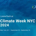 Water in the background with text overlaid that says "LimnoTech at Climate Week NYC 2024, New York, NY, September 22 - September 29."