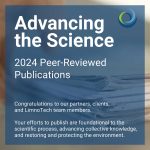 Background image with papers, a blue transparent box over it with text that says "Advancing the Science, 2024 Peer-Reviewed Publications.