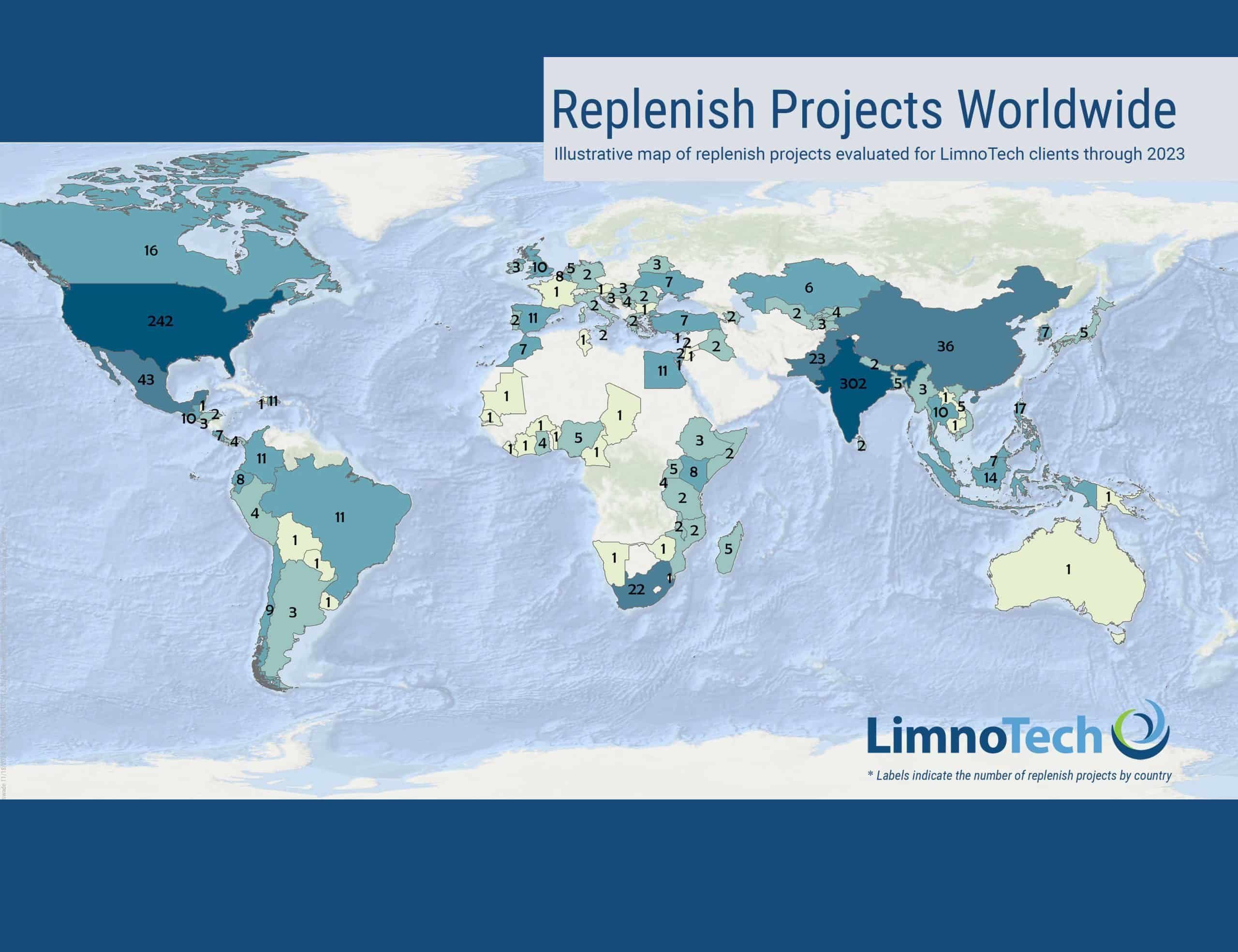 Illustrative map of global replenish projects evaluated for LimnoTech clients through 2023.