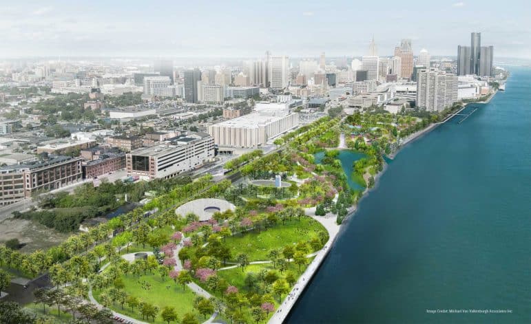 Rendering of the Ralph C. Wilson waterfront park along the Detroit, Michigan, river.
