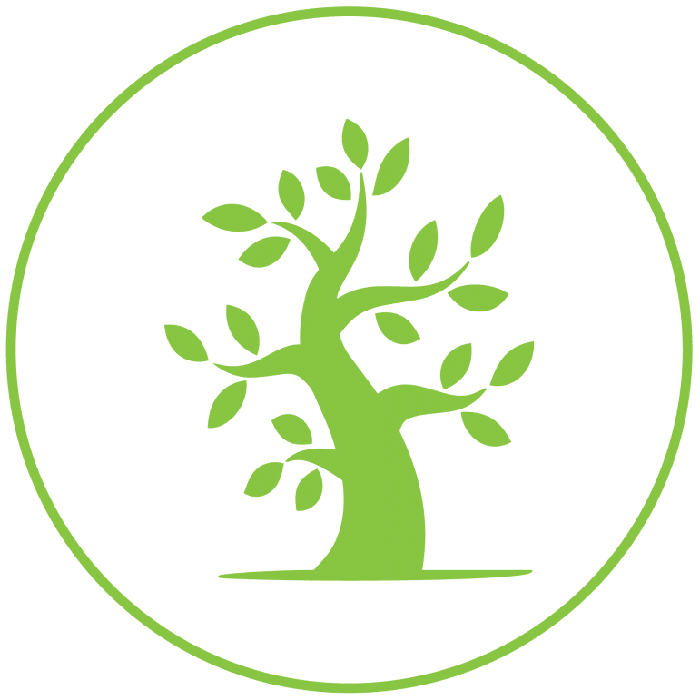 Icon in lime green of a tree with a circle border around it.
