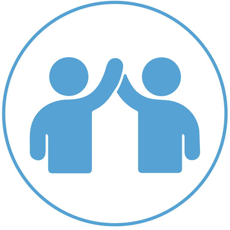Icon in light blue of two human figures doing a high-five with a circle border around it.
