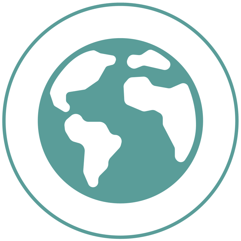 Icon in aqua blue of the globe with a circle border around it.