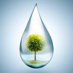 Water droplet with an image of a tree and grass inside.