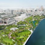 Rendering of the Ralph C. Wilson waterfront park along the Detroit, Michigan, river.