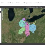 Screenshot of the HTLP Monitoring Data Portal. Satellite image in the background with a map of basins monitored. Station symbols are on the map in red circles.