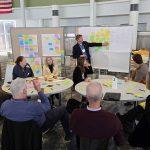 A group of people sitting at tables participating in the University of Michigan Urban Collaboratory Water and Energy Summit in 2025. A person is standing in front of white boards with sticky notes of different colors while the people at the table engage in the discussion.