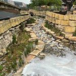 A riffle run with rocks and vegetation that provides a new aquatic organism passage structure in Waterloo Park.