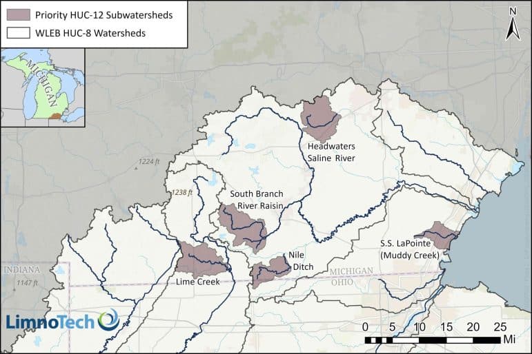 A map of the western Lake Erie basin with five priority HUC-12 subwatersheds highlighted in gray. The subwatersheds include the Headwaters of the Saline River, South Branch River Raisin, Lime Creek, Nile Ditch, and S.S. LaPointe (Muddy Creek).