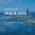 Text overlaid on an image of an Aerial View of Milwaukee Waterfront and Skyline with Iconic Pavilion. The text says, LimnoTech at IAGLR 2025, The International Association for Great Lakes Research, Milwaukee, Wisconsin, June 2-6, #IAGLR25.
