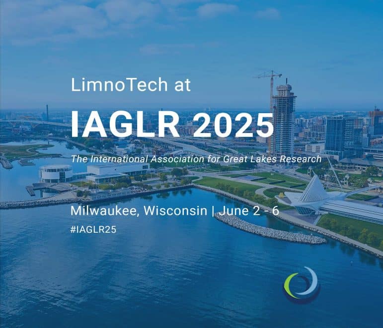Text overlaid on an image of an Aerial View of Milwaukee Waterfront and Skyline with Iconic Pavilion. The text says, LimnoTech at IAGLR 2025, The International Association for Great Lakes Research, Milwaukee, Wisconsin, June 2-6, #IAGLR25.
