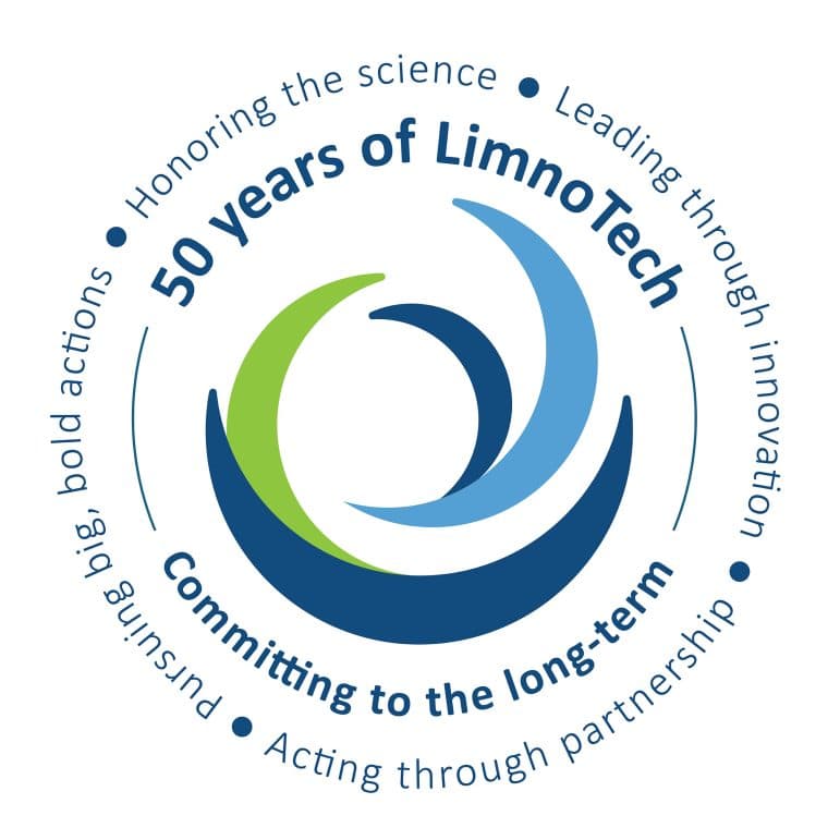 LimnoTech 50th Anniversary logo with the LimnoTech swirl in the center with the words, 50 years of LimnoTech committing to the long-term surrounding the swirl. In an outer circle are words with LimnoTech's values - Honoring the science, leading through innovation, acting through partnership, and pursuing big, bold actions.