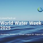 A horizon and water with words that LimnoTech at World Water Week 2025, Stockholm, Sweden and Virtual | August 24 - August 28
