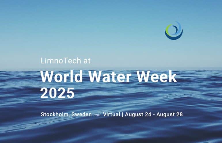 A horizon and water with words that LimnoTech at World Water Week 2025, Stockholm, Sweden and Virtual | August 24 - August 28