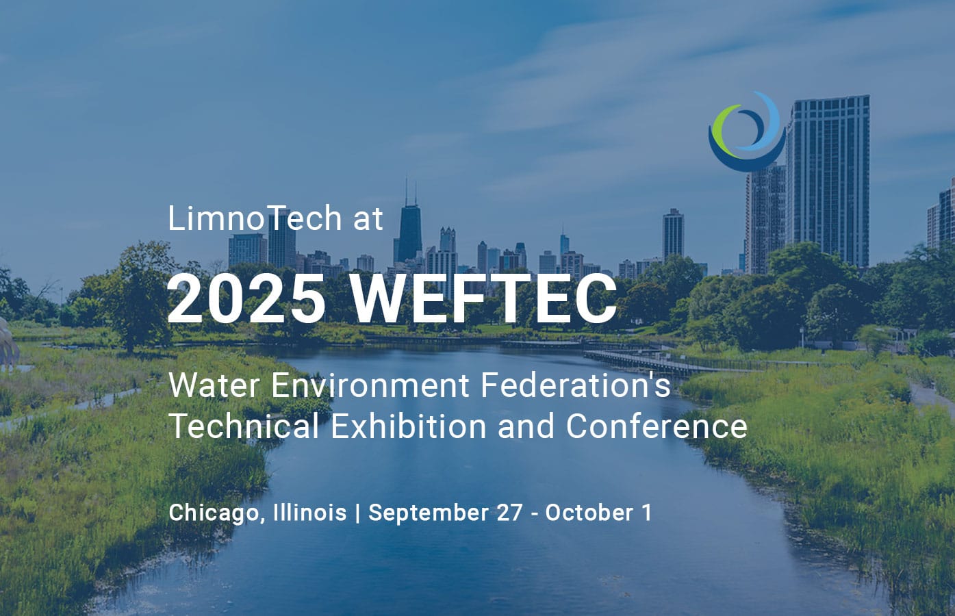 Image in the background of Lincoln Park with text overlaid that says, "LimnoTech at 2025 WEFTEC, Water Environment Federation's Technical Exhibition and Conference, Chicago, Illinois, September 27-October 1.
