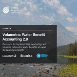 Text is overlaid on an image of mountains in the background with water in the foreground. The text states, "Volumetric Water Benefit Accounting 2.0: Guidance for implementing, evaluating, and claiming water benefits of water stewardship projects." Logos are included for WRI, LimnoTech, Bluerisk, and Bonneville Environmental Foundation.