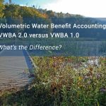 Wetland in the background with a dock. Text is overlaid that says, "Volumetric Water Benefit Accounting, VWBA 1.0 versus VWBA 2.0, What's the Difference?"