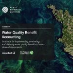 Text is overlaid on an aerial image of island area with blue water. The text states, "Water Quality Benefit Accounting: Guidance for implementing, evaluating, and claiming water quality benefits of water stewardship projects." Logos are included for WRI, LimnoTech, and TNC.
