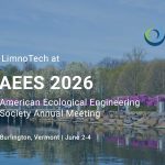 The background is of vibrant spring scenery at a waterfront park in Burlington, Vermont. There is water at the forefront, a bridge surrounded by a rock wall, and trees in bloom in the background in purple, white, and green. There is text overlaid on the image that says LimnoTech at AEES 2026, American Ecological Engineering Society Annual Meeting, Burlington, Vermont, June 2-4.