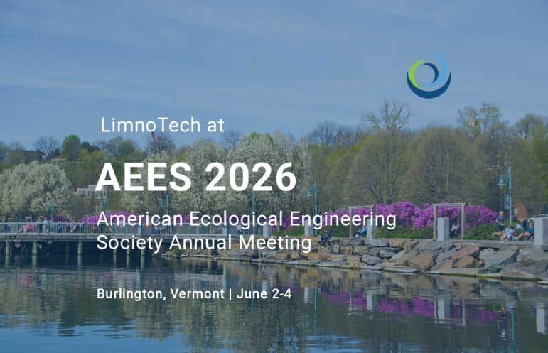 The background is of vibrant spring scenery at a waterfront park in Burlington, Vermont. There is water at the forefront, a bridge surrounded by a rock wall, and trees in bloom in the background in purple, white, and green. There is text overlaid on the image that says LimnoTech at AEES 2026, American Ecological Engineering Society Annual Meeting, Burlington, Vermont, June 2-4.